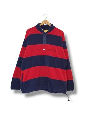 Vintage 90s Tommy Hilfiger Striped Snap Fleece Jacket Red Size XL